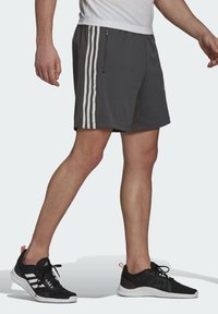 Pantalones cortos deportivos grises con franjas laterales blancas y un bolsillo con cremallera. Fabricados con un material ligero, cuentan con un ajuste cómodo y un diseño limpio.