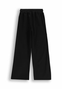 Czarne spodnie z szerokimi nogawkami, wykonane z miękkiego materiału, z elastycznym paskiem w talii i bez widocznych elementów metalowych. Gładka tekstura, pełna długość.