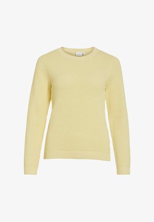 Gelber gestrickter Pullover mit strukturierter Oberfläche, Rundhalsausschnitt sowie gerippten Bündchen und Saum. Einfaches, einfarbiges Design ohne Muster oder zusätzliche Details.