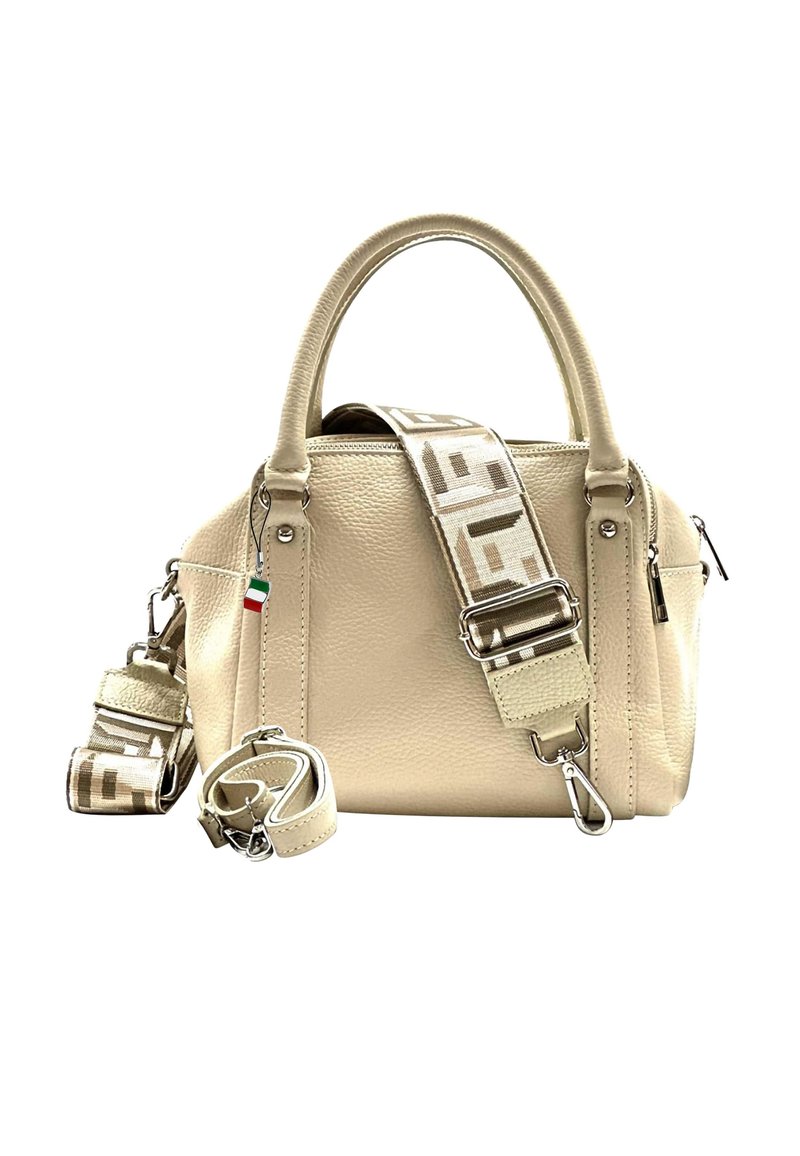 Beige leren handtas met dubbele handgrepen en een patroon verstelbare schouderriem. Voorzien van zilveren hardware en een rood, wit en groene label.