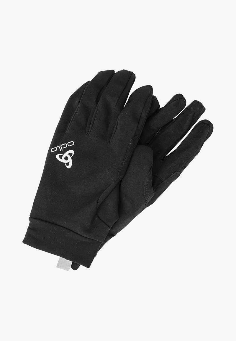 Schwarze Handschuhe aus weichem, flexiblem Material. Mit einem Logo auf einer Seite, einem eng anliegenden Handgelenkbündchen und einem Design für fünf Finger.