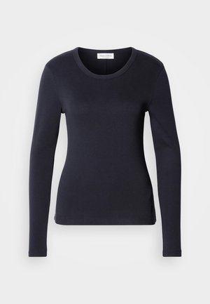 Black long-sleeve fitted top made of smooth fabric, featuring a round neckline and simple design, with a small label on the lower side.