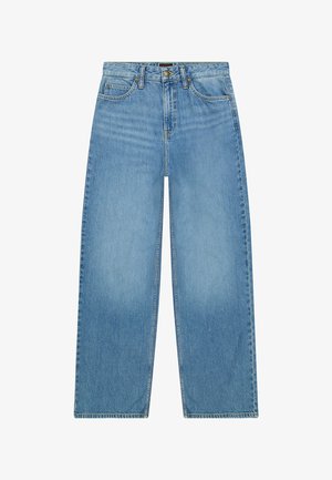Hellblaue Jeans aus Denim mit einem lockeren, weit geschnittenen Schnitt. Verfügt über fünf Taschen, einen Metallknopfverschluss und dezente Ausbleichungen im gesamten Material.