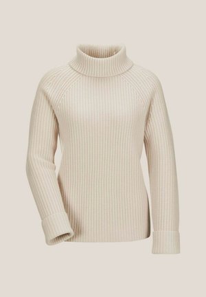 Beige, geribbelde coltrui met een relaxte pasvorm, voorzien van lange mouwen en een omgevouwen kraag. Zacht gebreid materiaal met textuurdetail.