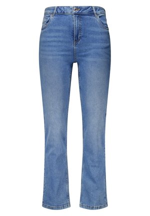 Blauwe denim jeans met een slim fit, rechte pijpen en een middelhoge taille. Bevat vijf zakken en een knoopsluiting, met subtiele vervaging.