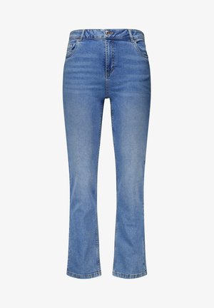 Blauwe denim jeans met een slim fit, rechte pijpen en een middelhoge taille. Bevat vijf zakken en een knoopsluiting, met subtiele vervaging.