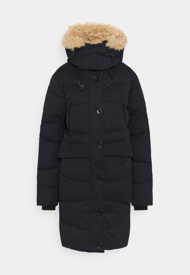 Long manteau d'hiver matelassé noir avec fermeture par boutons et zip devant, poches latérales et capuche doublée en fausse fourrure avec cordons.