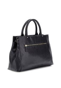 Borsa a mano nera in pelle con una forma strutturata, due manici superiori, una tasca frontale con zip e piccoli dettagli metallici. Superficie testurizzata.