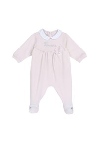 Body rose pâle pour bébé avec des manches longues, col Peter Pan blanc, texte en strass "Princesse", petit nœud et pieds intégrés avec détail de bouton.