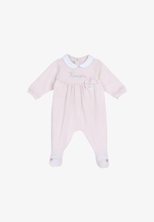 Body rose pâle pour bébé avec des manches longues, col Peter Pan blanc, texte en strass "Princesse", petit nœud et pieds intégrés avec détail de bouton.