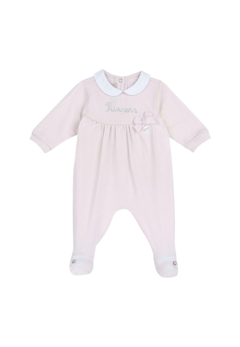 Body rose pâle pour bébé avec des manches longues, col Peter Pan blanc, texte en strass "Princesse", petit nœud et pieds intégrés avec détail de bouton.