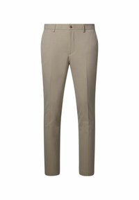 Beige op maat gemaakte broek van lichte stof, met een platte voorkant, zijzakken en een enkele knoopsluiting.