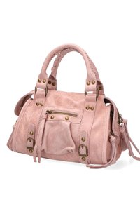 Borsa a tracolla in pelle rosa chiaro con borchie in ottone, tasca con zip e dettagli in manico intrecciato. Texture morbida con più scomparti e una tracolla staccabile.