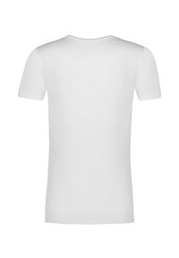 T-shirt blanc à manches courtes, design à col rond, fabriqué en coton lisse, avec un dos propre sans motifs ni embellissements.