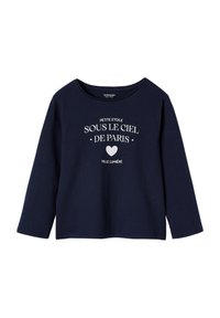 Marineblaue Langarmshirt aus Baumwolle mit runder Ausschnitt, das weißen Text und ein Herz-Graphic auf der Vorderseite zeigt.