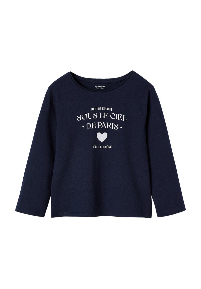 Marineblaue Langarmshirt aus Baumwolle mit runder Ausschnitt, das weißen Text und ein Herz-Graphic auf der Vorderseite zeigt.