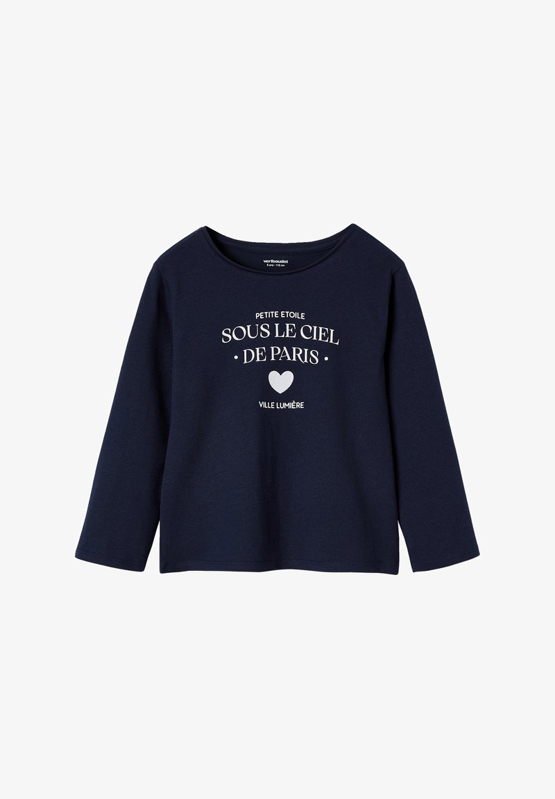 Marineblaue Langarmshirt aus Baumwolle mit runder Ausschnitt, das weißen Text und ein Herz-Graphic auf der Vorderseite zeigt.