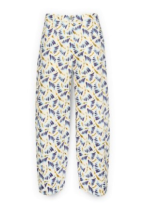 Witte wijde broek met een blauw en geel abstract veerpatroon, knoopsluiting aan de voorkant en rits.