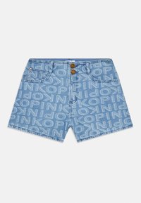 Light blue denim shorts with double button closure, front pockets, and all-over "PINKOP" print in white. Smooth texture, casual design.