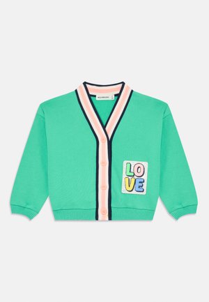 Cardigan verde realizzato in morbido tessuto, con scollatura a V, strisce blu navy e pastello, chiusura con bottoni e una patch ricamata con la scritta "LOVE".