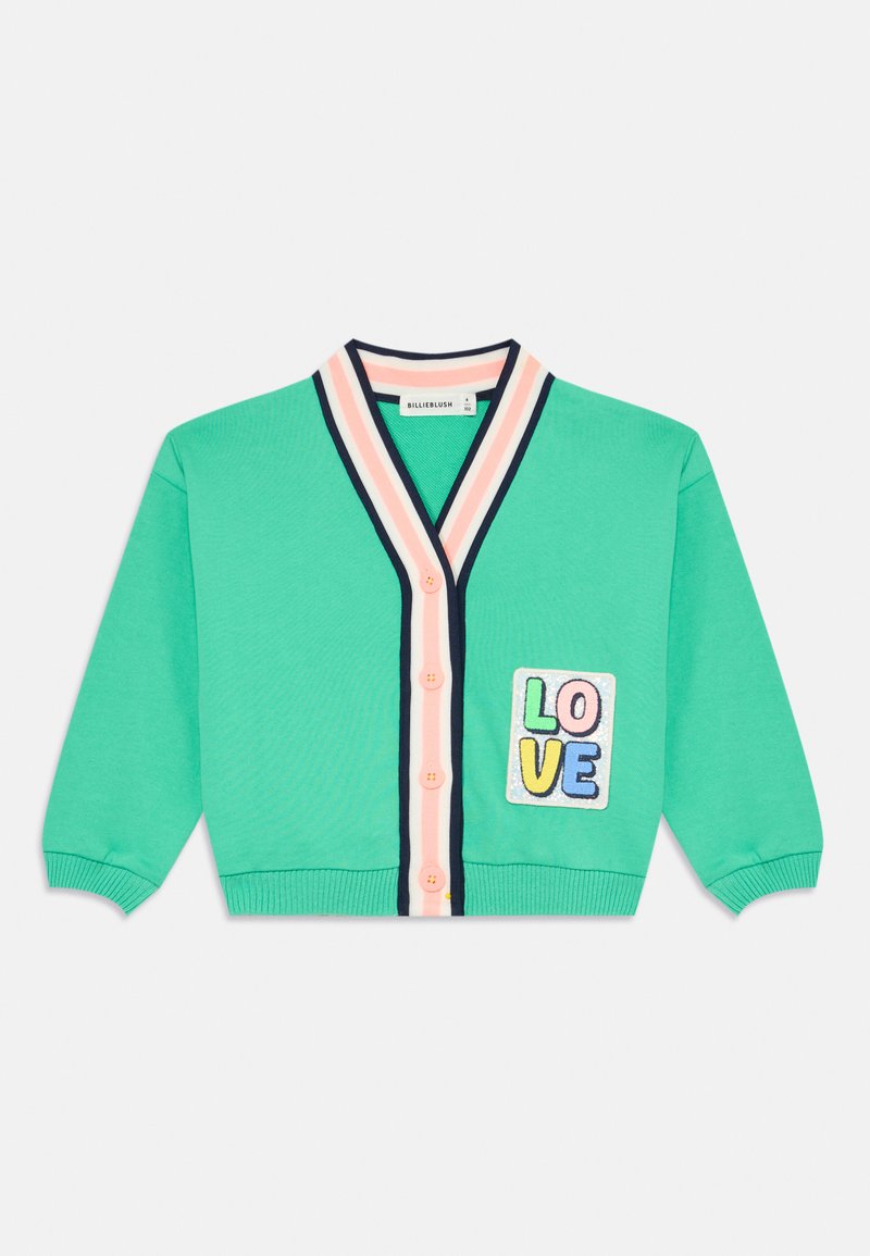 Zöld kardigán puha anyagból, V-kivágással, sötétkék és pasztell csíkokkal, gombos elülső résszel és hímzett "SZERELEM" matricával.