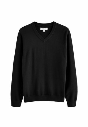 Maglione nero a maglia fine con scollo a V, maniche lunghe e polsini e orlo a coste. Nessun motivo o accento presente.