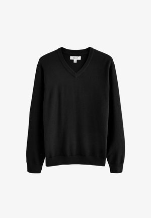 Schwarzer Pullover aus feinem Strick mit V-Ausschnitt, langen Ärmeln sowie gerippten Bündchen und Saum. Keine Muster oder Akzente vorhanden.