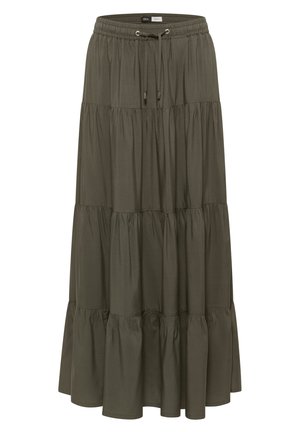 Gonna lunga a balze verde oliva con vita elastica e coulisse regolabile, realizzata in tessuto leggero.