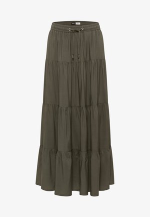 Gonna lunga a balze verde oliva con vita elastica e coulisse regolabile, realizzata in tessuto leggero.
