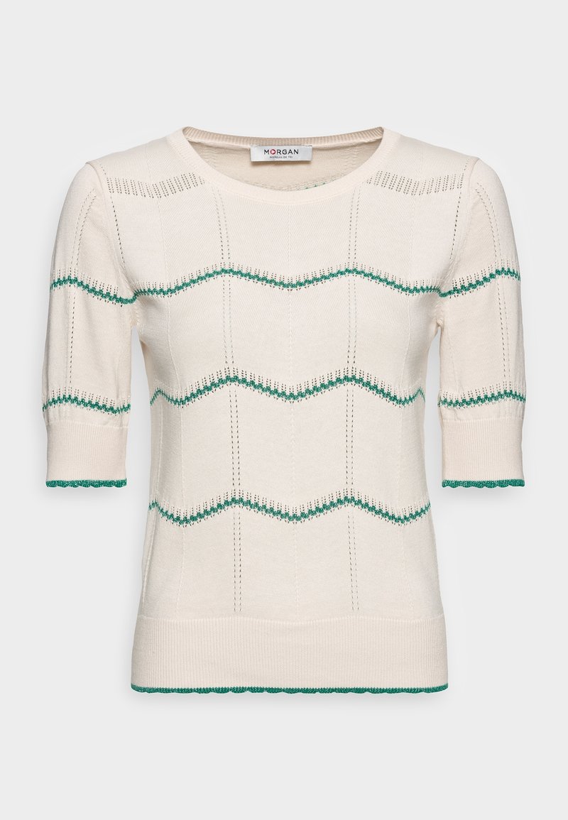 Pull en maille crème à manches courtes avec des rayures zigzag vertes, ourlet côtelé, poignets et encolure ronde, présenté sur un fond uni.