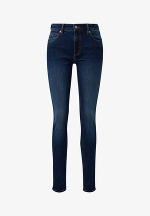 Strakke spijkerbroek in donkerblauw denim met een gladde textuur. Voorzien van vijf zakken, een gulp met rits en contrasterende gouden stiksels langs de naden.