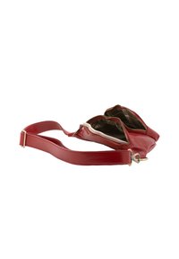Borsa a tracolla rossa in pelle con due scomparti con zip, tracolla regolabile e fodera interna a quadri beige. Texture liscia e forma curvilinea.