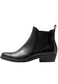 Bottines noires avec une finition lisse et brillante, des panneaux latéraux élastiques et un petit talon bloc ; design simple à bout arrondi.