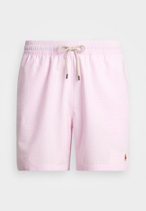 Light pink swim shorts with a textured grid pattern, elastic waistband with a drawstring, and a small embroidered logo on the lower side.