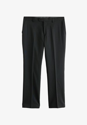 Schwarze Hose aus glattem Stoff mit geradem Bein, zwei vorderen Taschen und einem Knopfverschluss an der Taille.
