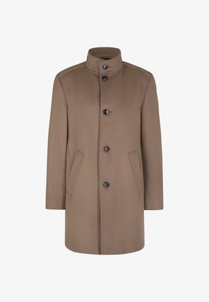 Brauner Wollmantel mit hohem Kragen, vorderen Klappentaschen und sechs schwarzen Knöpfen. Glatte Textur und maßgeschneiderter Schnitt.