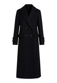 Cappotto doppio petto in lana nera con ampi rever, tasche frontali e polsini con bottoni. Design lungo con una silhouette dritta.
