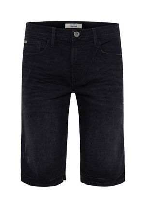 Short en jean noir avec fermeture à bouton, passants de ceinture, poches avant et jambes larges jusqu’aux genoux.