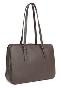 Bruine leren tote bag met twee lange banden, ritsluiting en een gladde textuur. Heeft een gestructureerde rechthoekige vorm en minimale accenten.
