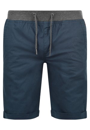 Blaue Baumwollshorts mit einem grauen elastischen Bund, Kordelzugdetail und umgeschlagenen Säumen. Glatte Textur mit einem lässigen Design.