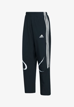 Schwarze Jogginghosen mit weißen Streifen und Logo, ausgestattet mit einer lockeren Passform, elastischem Bund und geschwungenen weißen Mustern an den Seiten.