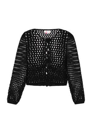 Fekete kötött kardigán hosszú ujjakkal, nyitott horgolt mintával, kerek nyakkivágással és gombos záródással elöl.