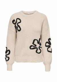 Beige knitted sweater with a textured finish, featuring black floral embroidery on the front and sleeves, round neck, and ribbed cuffs.
