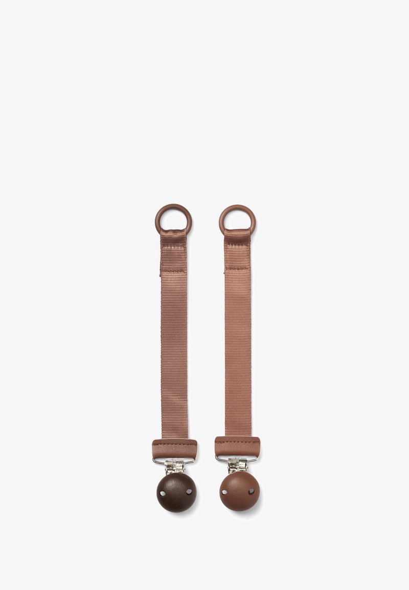 Cinghie di stoffa marrone con clip circolari in legno a ciascun estremità, caratterizzate da una texture liscia e una combinazione di colori marrone a due tonalità.
