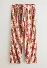 Red and white striped pajama pants featuring an all-over gingerbread man pattern. Elastic waistband with a drawstring for adjustable fit.