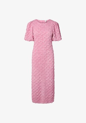Rosa midikjole med teksturert blomster mønster, korte puff-ermene og rund hals.