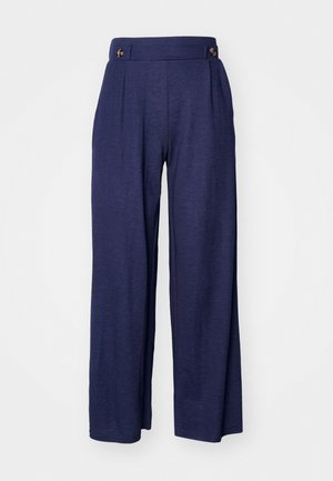 Navy blue wide-leg trousers made of a soft fabric, featuring pleats and two front buttons at the waistband for added detail.