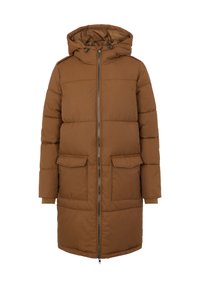 Brun isoleret lang jakke med hætte, der har en fuld lynlås, to forlommer og ribbede manchetter. Polstret tekstur synlig overalt.