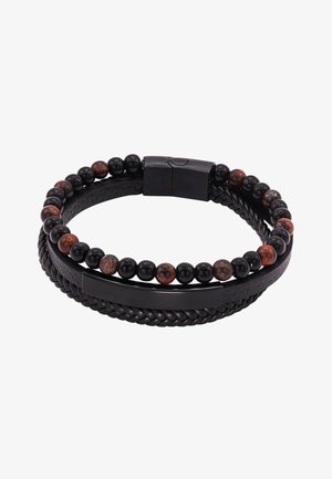 Juodas odinis apyrankė su pintu detalių, kuriame yra apvalūs juodi ir raudoni brangakmeniai. Magnetinė užsegimas ir lygus paviršius.