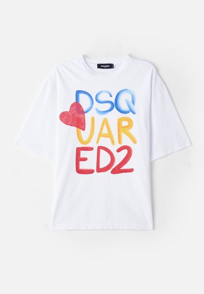 White T-shirt featuring a colorful graphic with the text "DSQ UAR ED2," a red heart accent, short sleeves, and a crew neck design.